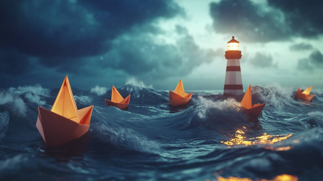 Barcos de papel en un mar agitado, con un faro encendido al fondo
